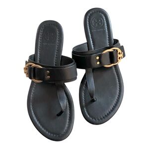 Tory Burch Marsden Flat Gold Logo Hardware Sz 36 Black Leather